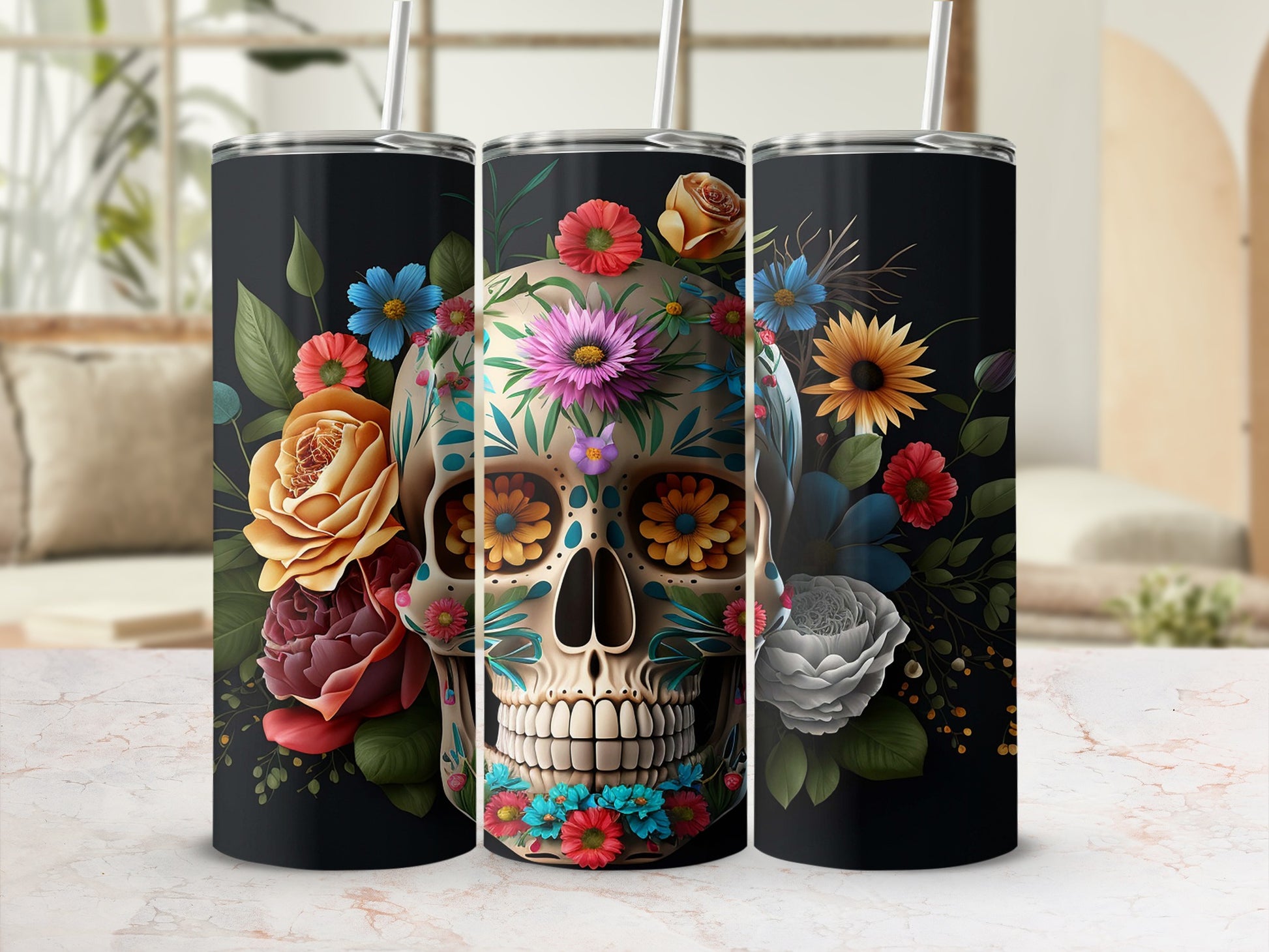 Floral Skull Design Artistic Tumbler for Beverages