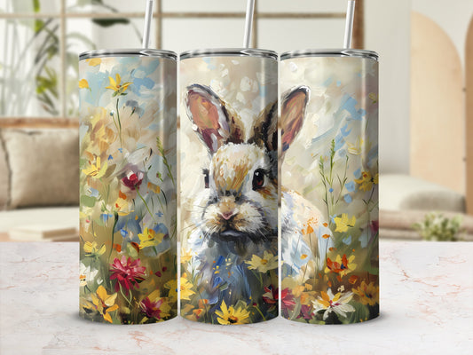 Floral watercolor bunny tumbler with two straws.