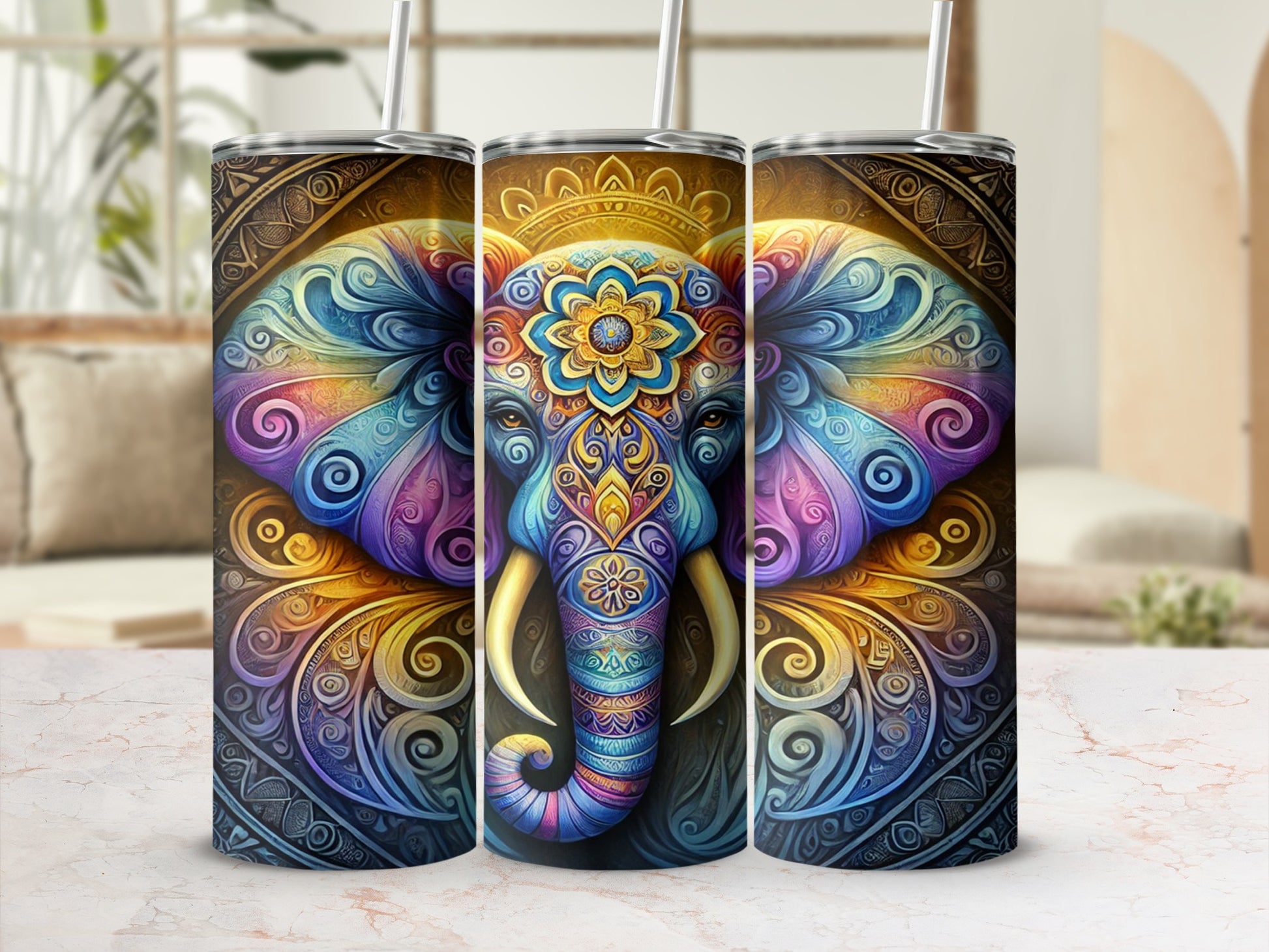 Colorful Mandala Elephant Design Travel Tumbler Product