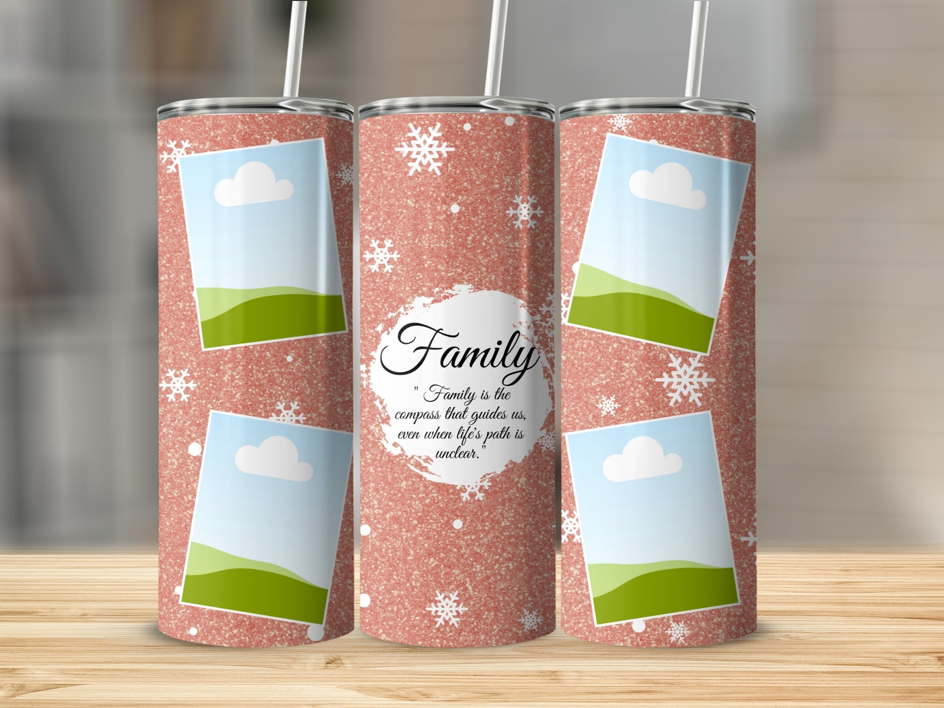 Pink glitter tumbler with snowflakes, photo frames, and "Family" quote.