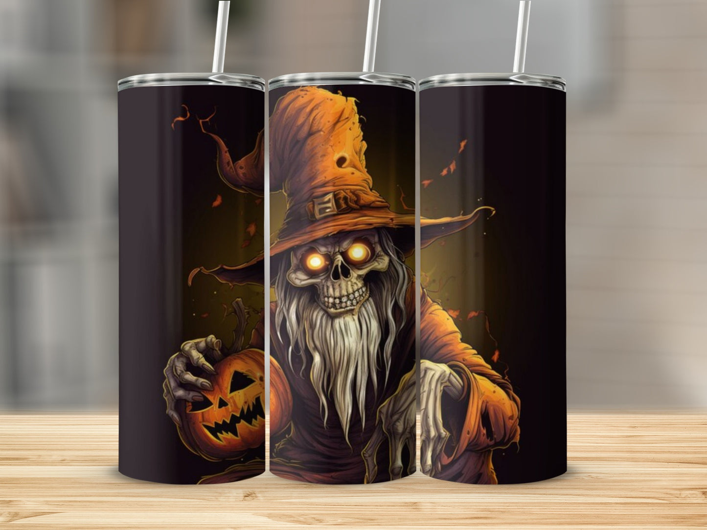 Tumbler with grim reaper in witch hat holding a jack-o-lantern.
