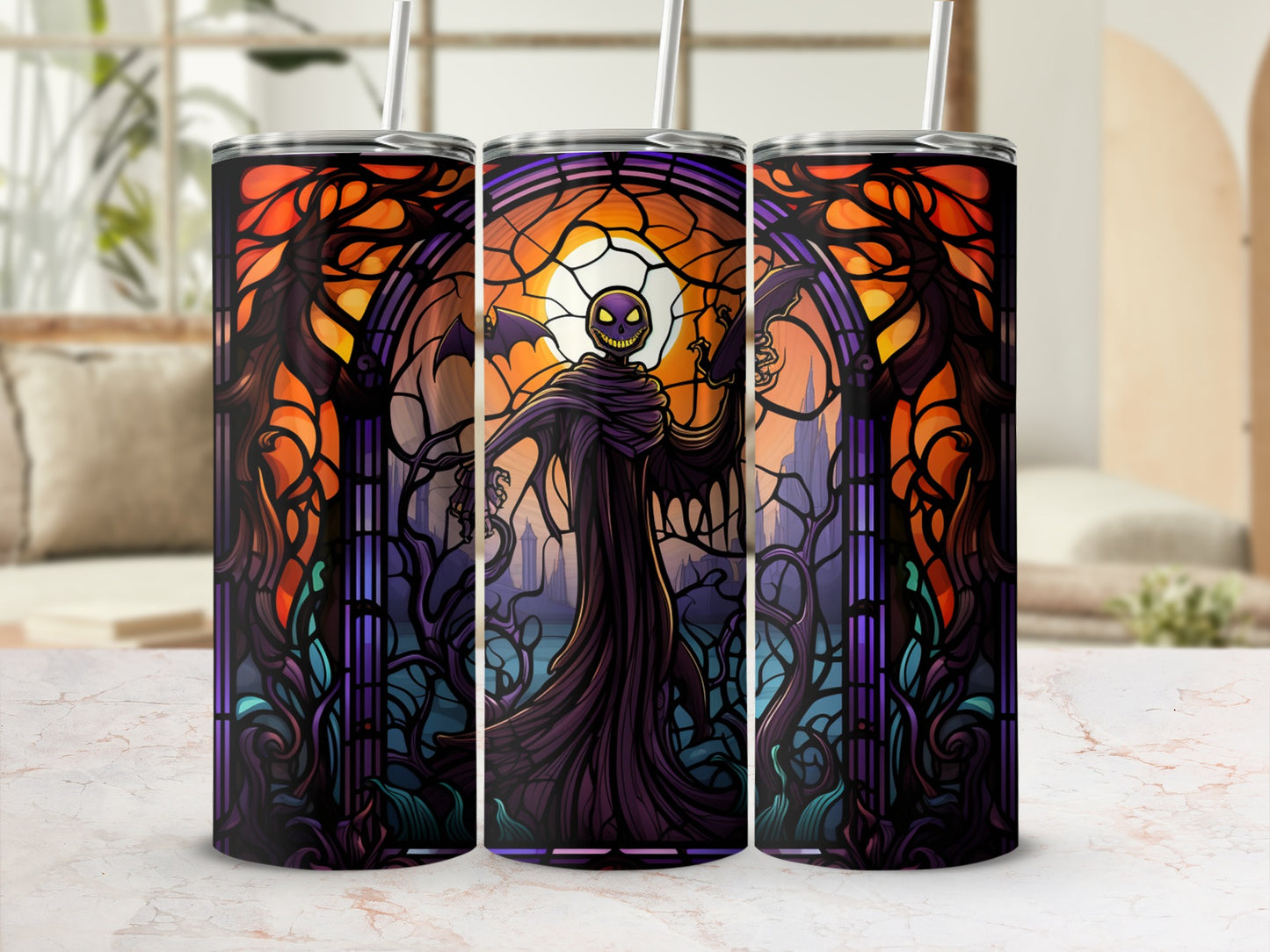 Stained glass tumbler with spooky Halloween scene and purple figure.