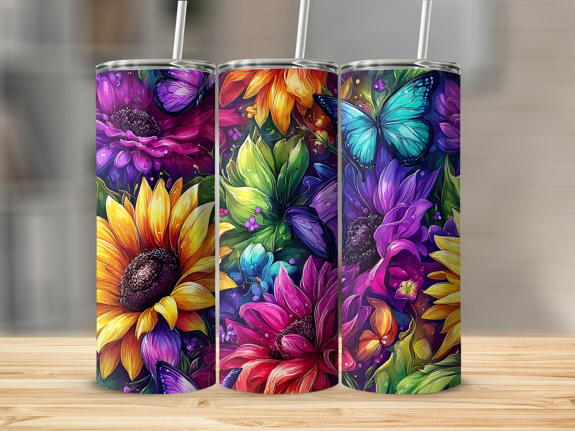 Colorful Floral Butterfly Design Insulated Tumbler