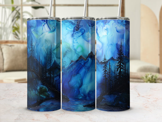 Three tumblers with a dark blue mountain landscape and forest design.