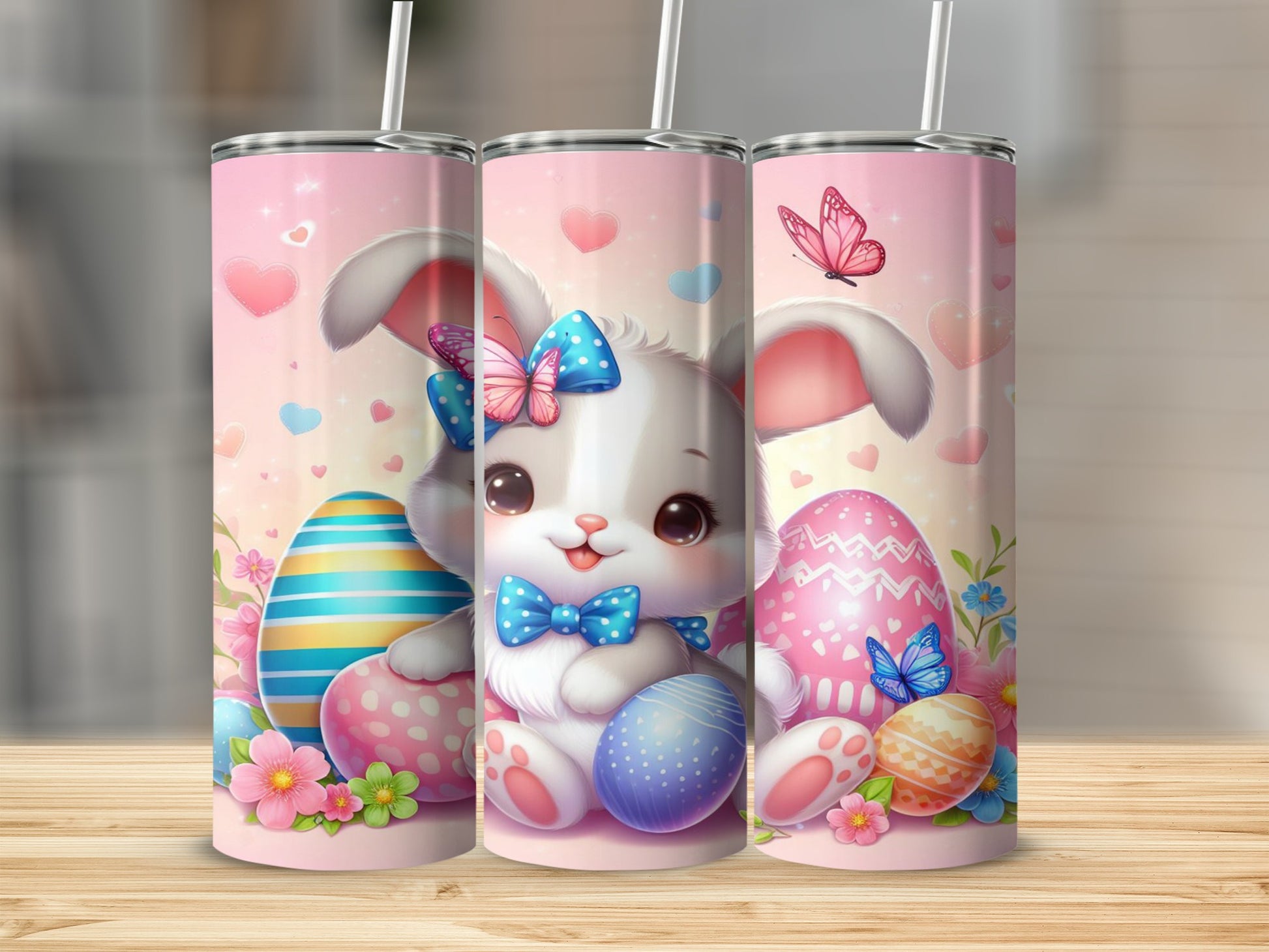 Cute bunny with Easter eggs and butterflies on a pink tumbler.
