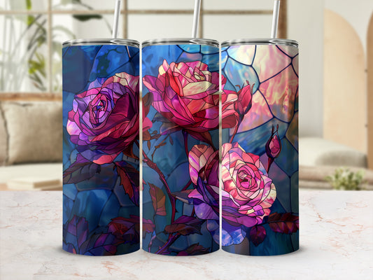 Three stained-glass tumblers featuring pink and purple roses against a dark blue background.