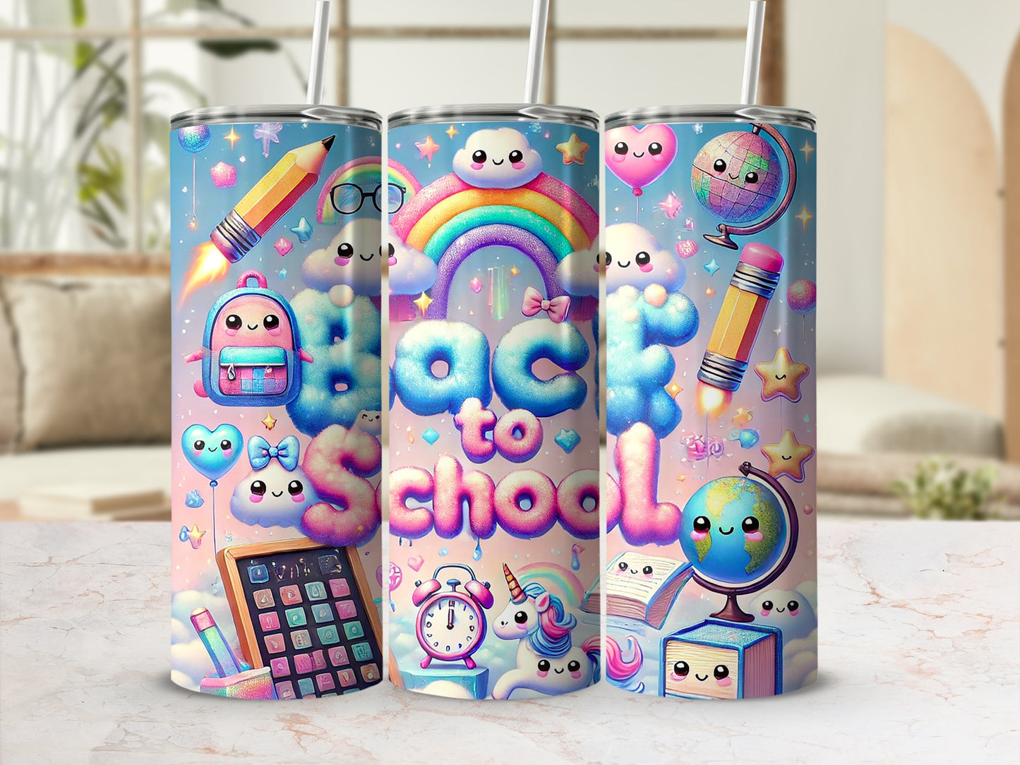 Three tumblers with a "Back to School" theme featuring cute cartoon elements and school supplies.
