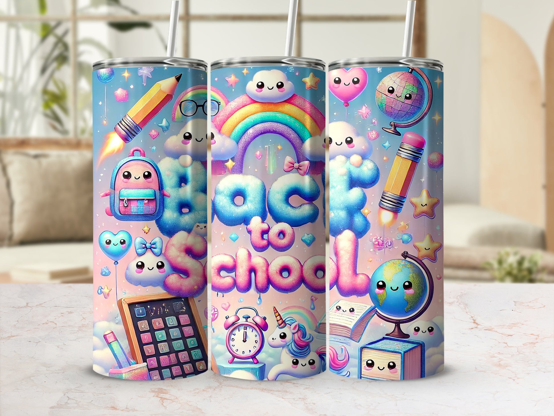 Three tumblers with a "Back to School" theme featuring cute cartoon elements and school supplies.