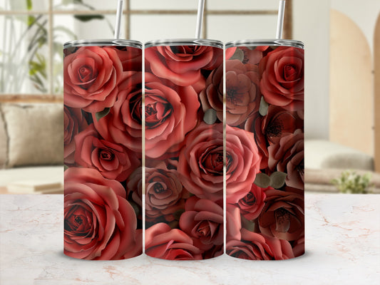 Three tumblers adorned with a close-up floral pattern of deep red roses.