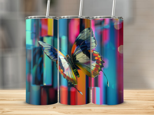 Three tumblers with a butterfly design on a wooden surface.