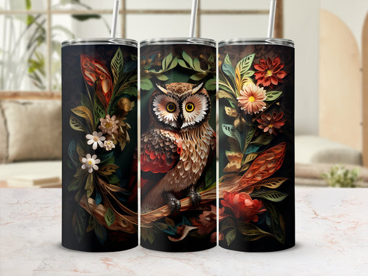 Close-up of an owl on a branch, surrounded by flowers and leaves.
