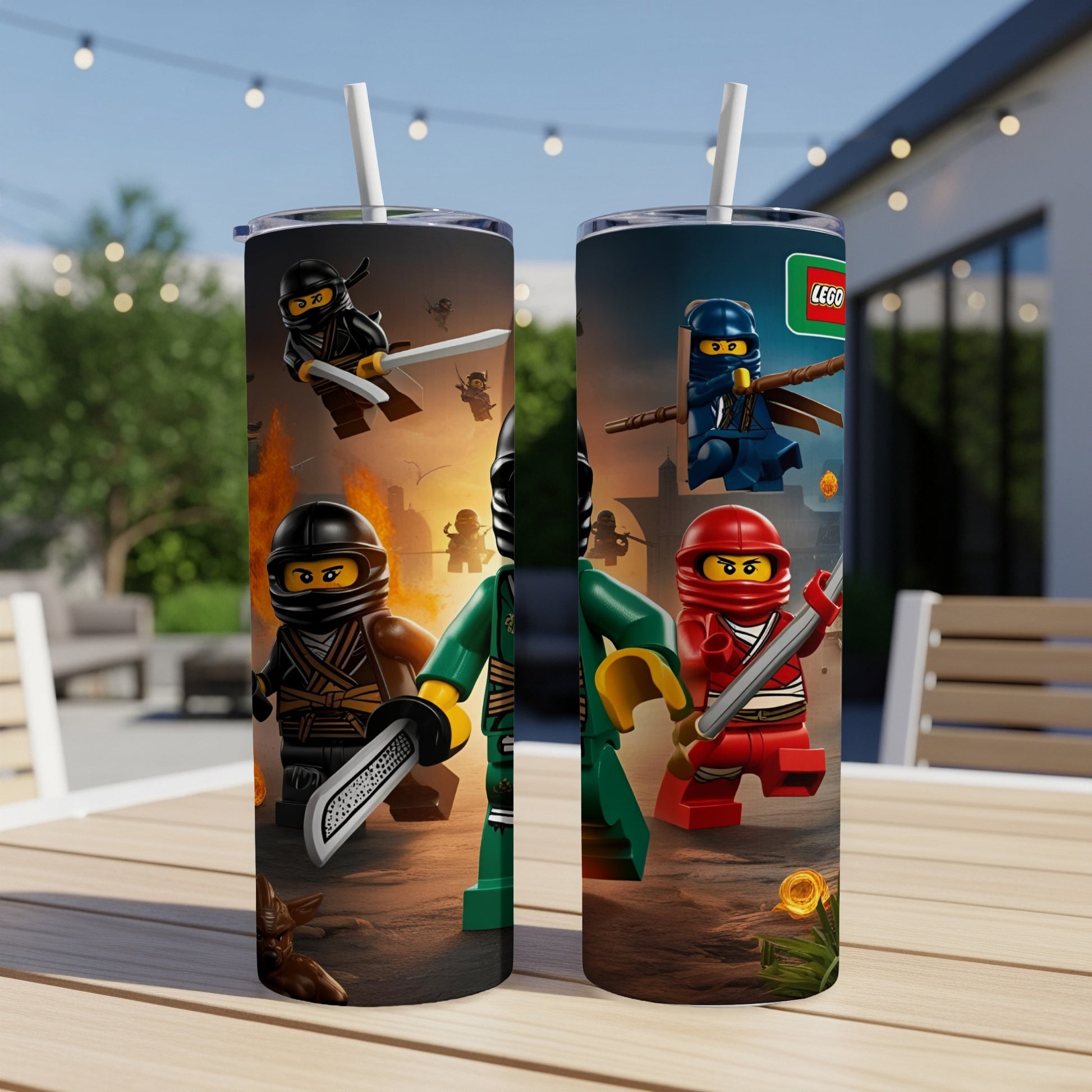 Two LEGO Ninjago tumblers with characters Kai, Cole, and Zane in action.