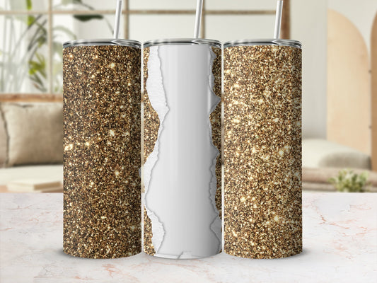 Three glitter tumblers with a torn paper effect on the middle one.