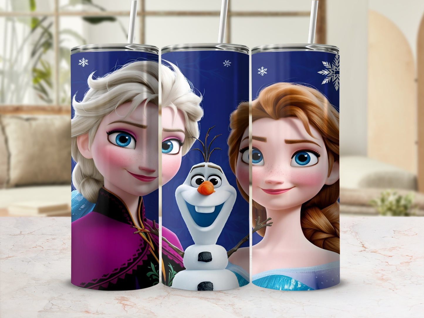 Elsa, Olaf, and Anna from Frozen on a blue tumbler with snowflakes.