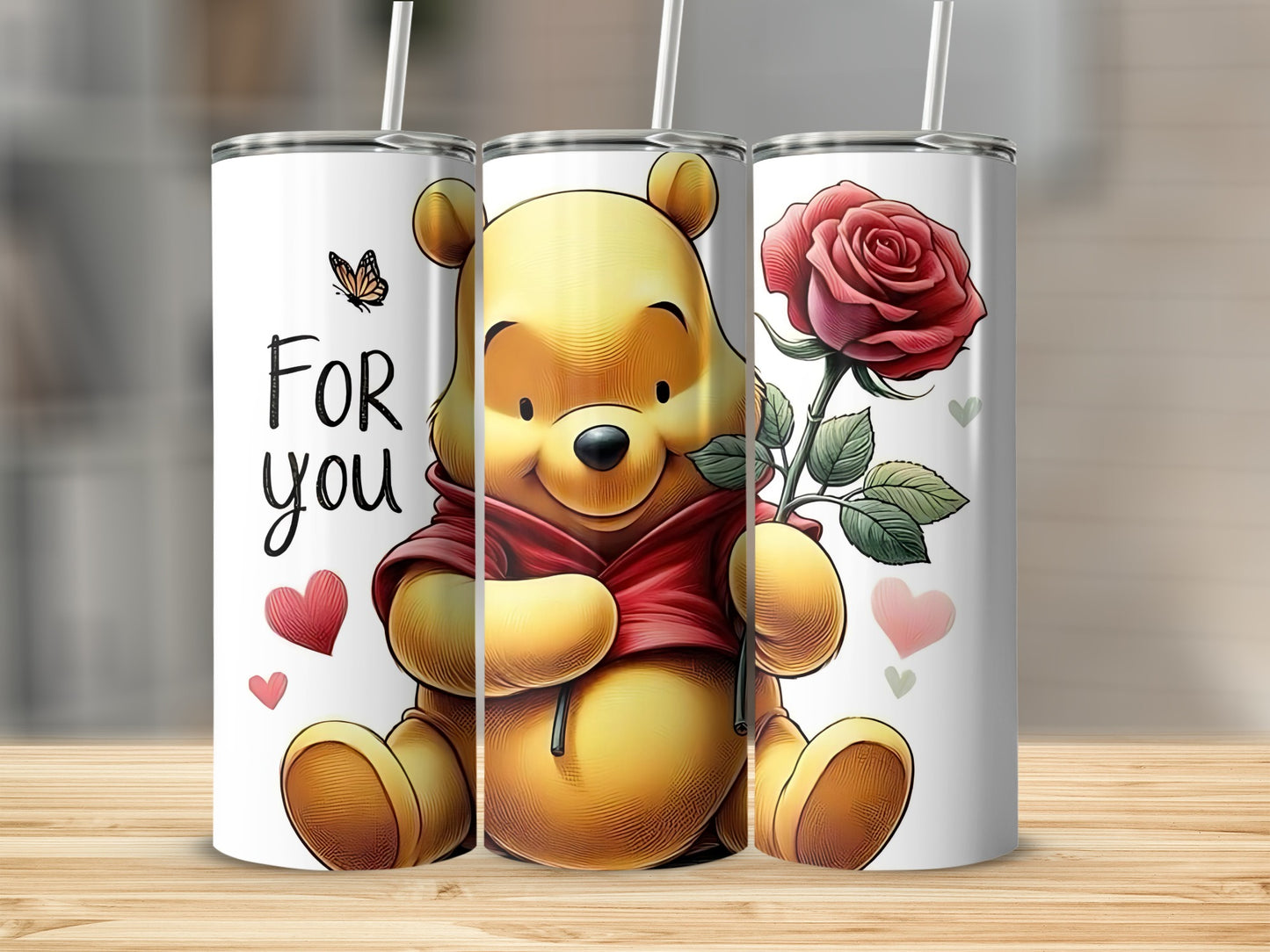 Winnie The Pooh With Rose For You Valentine's Day Tumblers