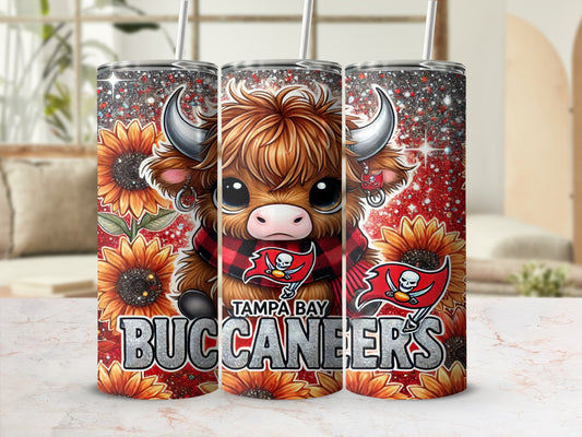 Tampa Bay Buccaneers highland cow with sunflowers on a tumbler.