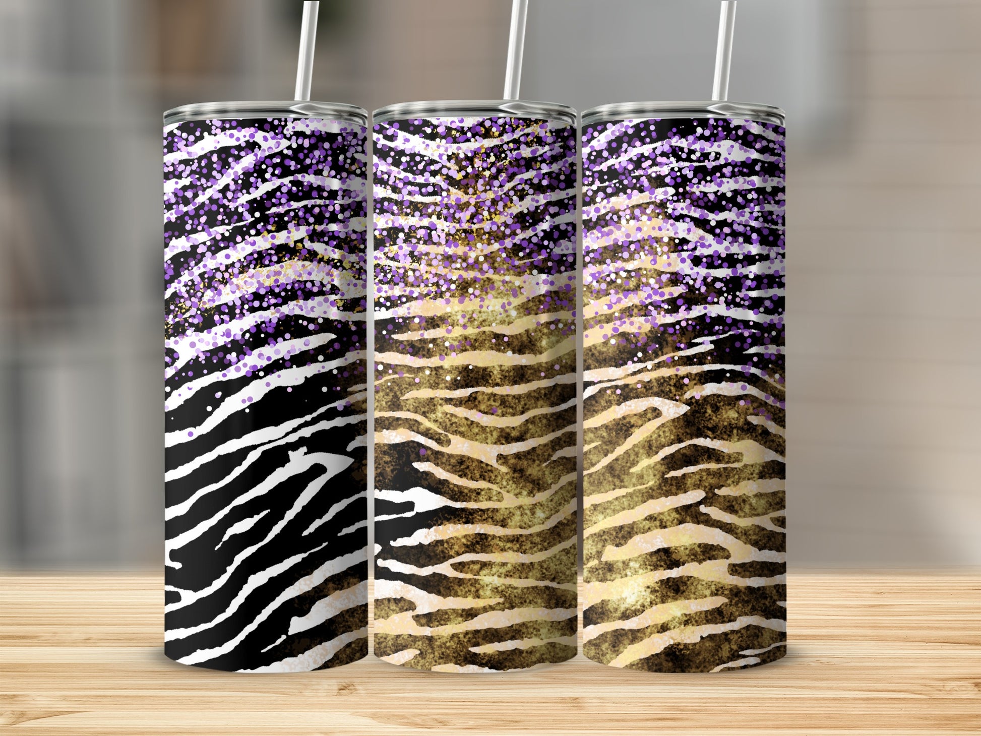 Glitter Zebra Print Tumblers with Straw Lid Set