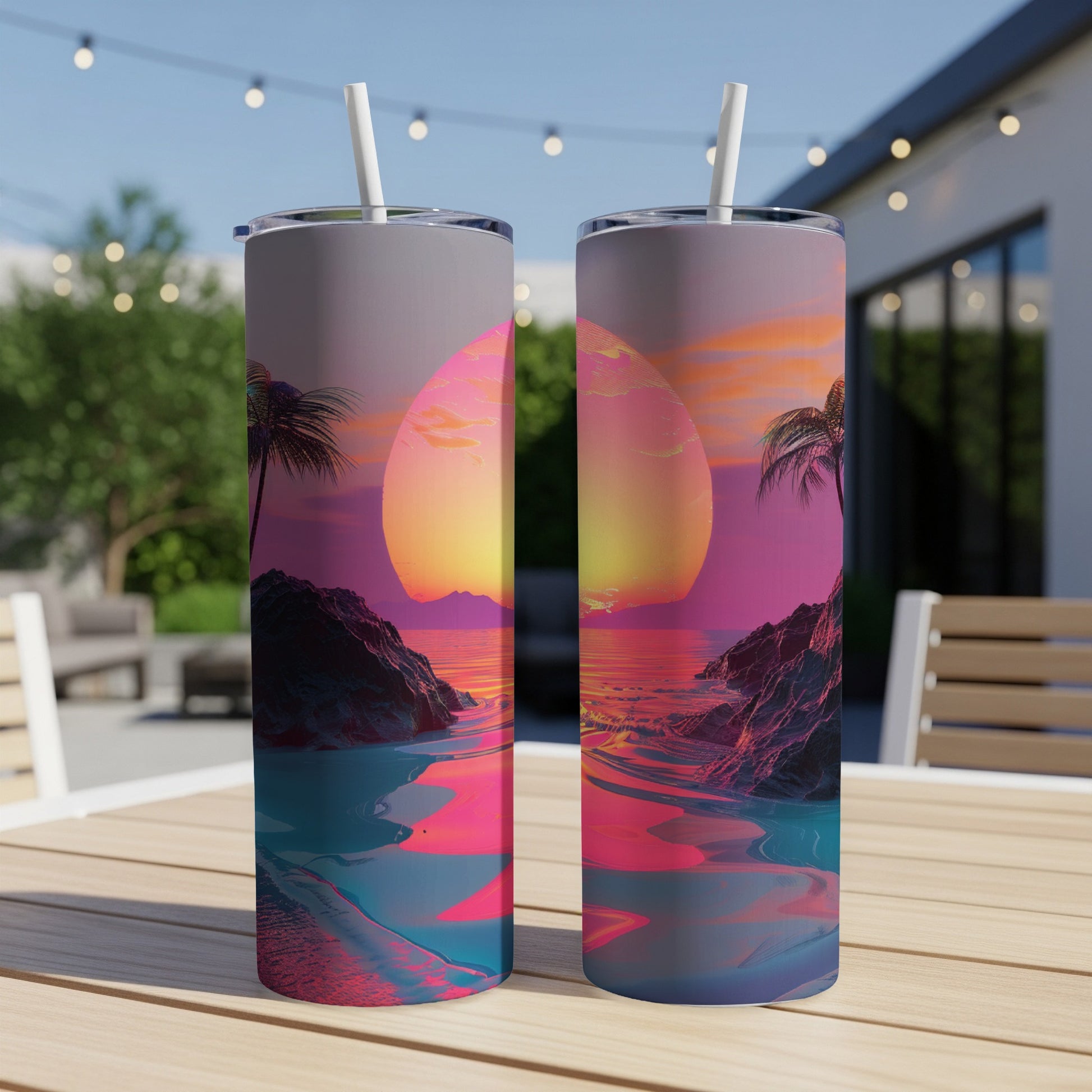 Two tumblers featuring a retro sunset beach scene with palm trees and mountains.