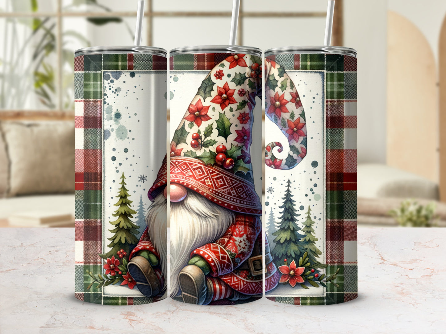 Christmas gnome with plaid pattern, poinsettias, and pine trees.