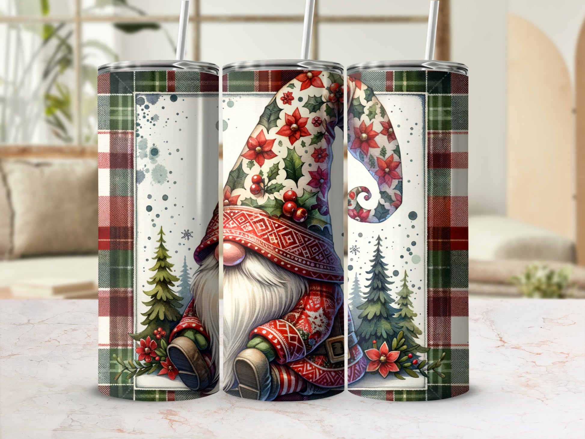 Christmas gnome with plaid pattern, poinsettias, and pine trees.