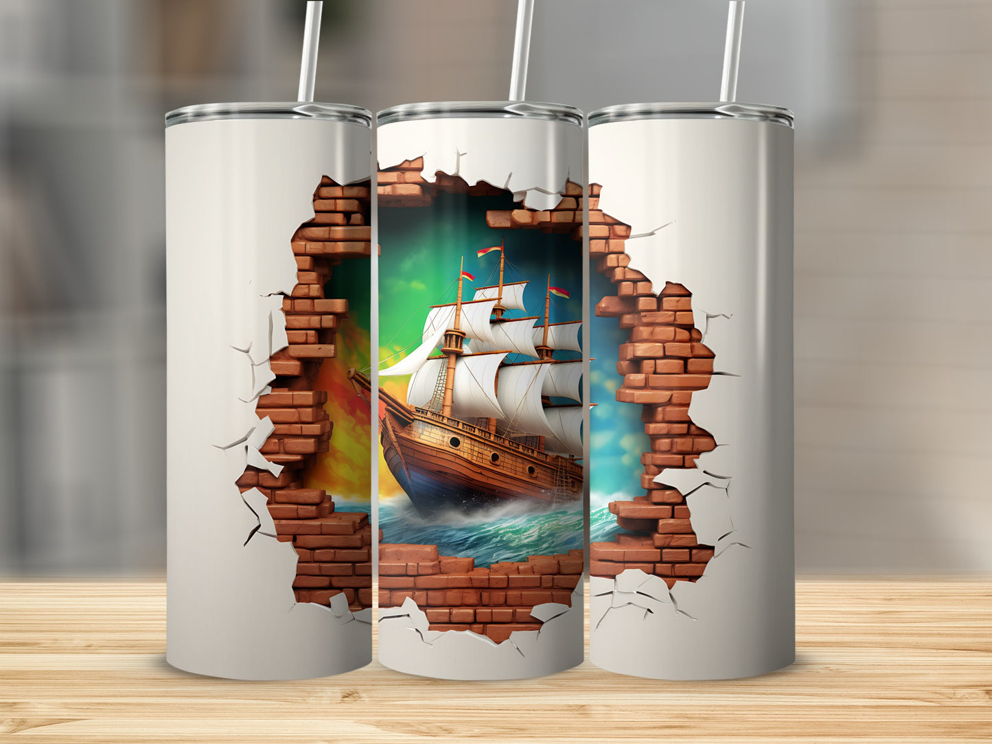 Vibrant Sailing Ship Breaking Through Brick Wall Tumbler
