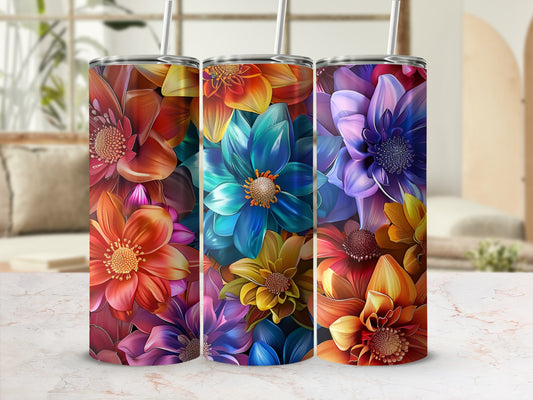 Three tumblers with vibrant, close-up floral designs.