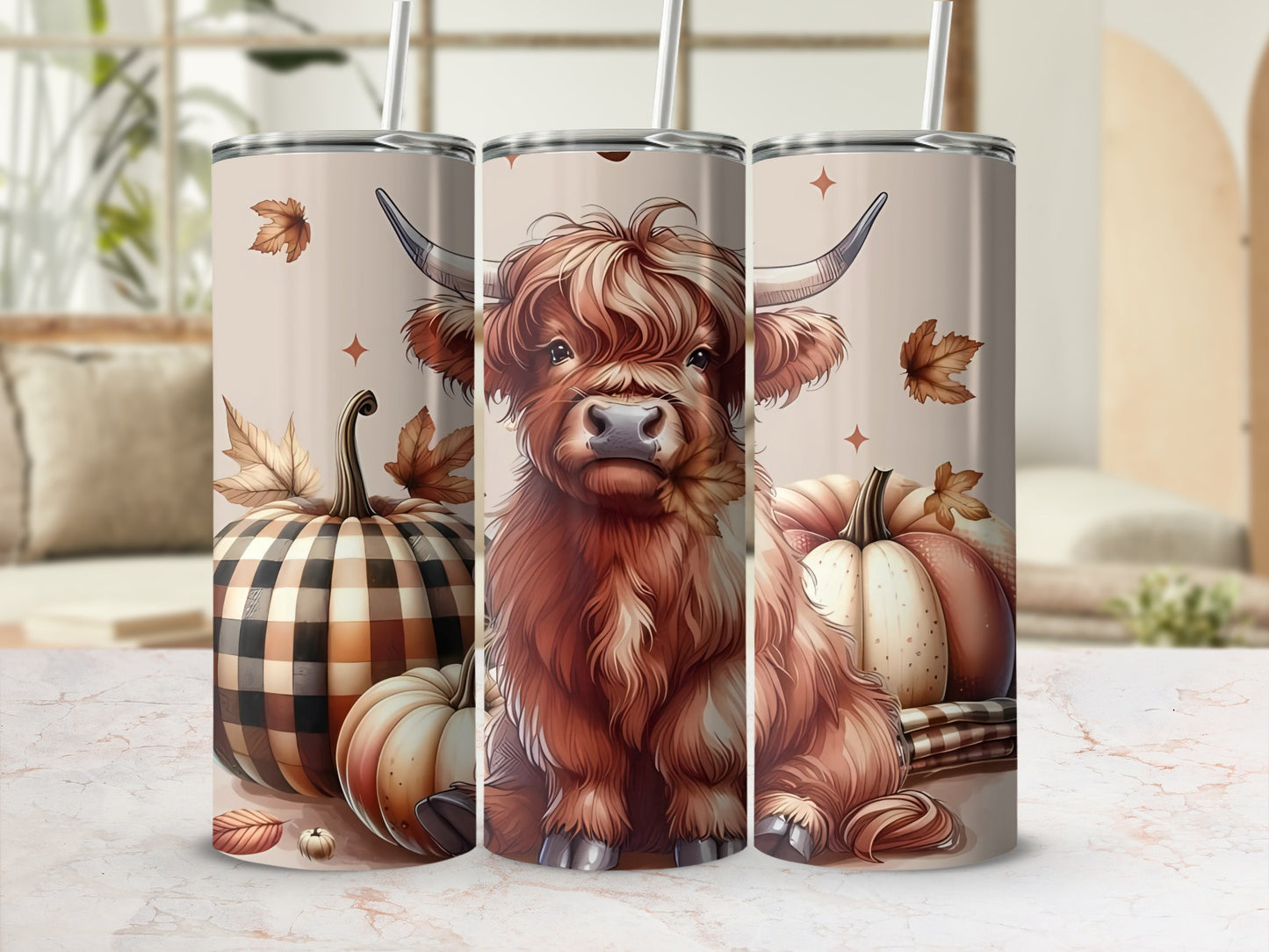 Autumn Highland Cow with Pumpkins Design Tumbler