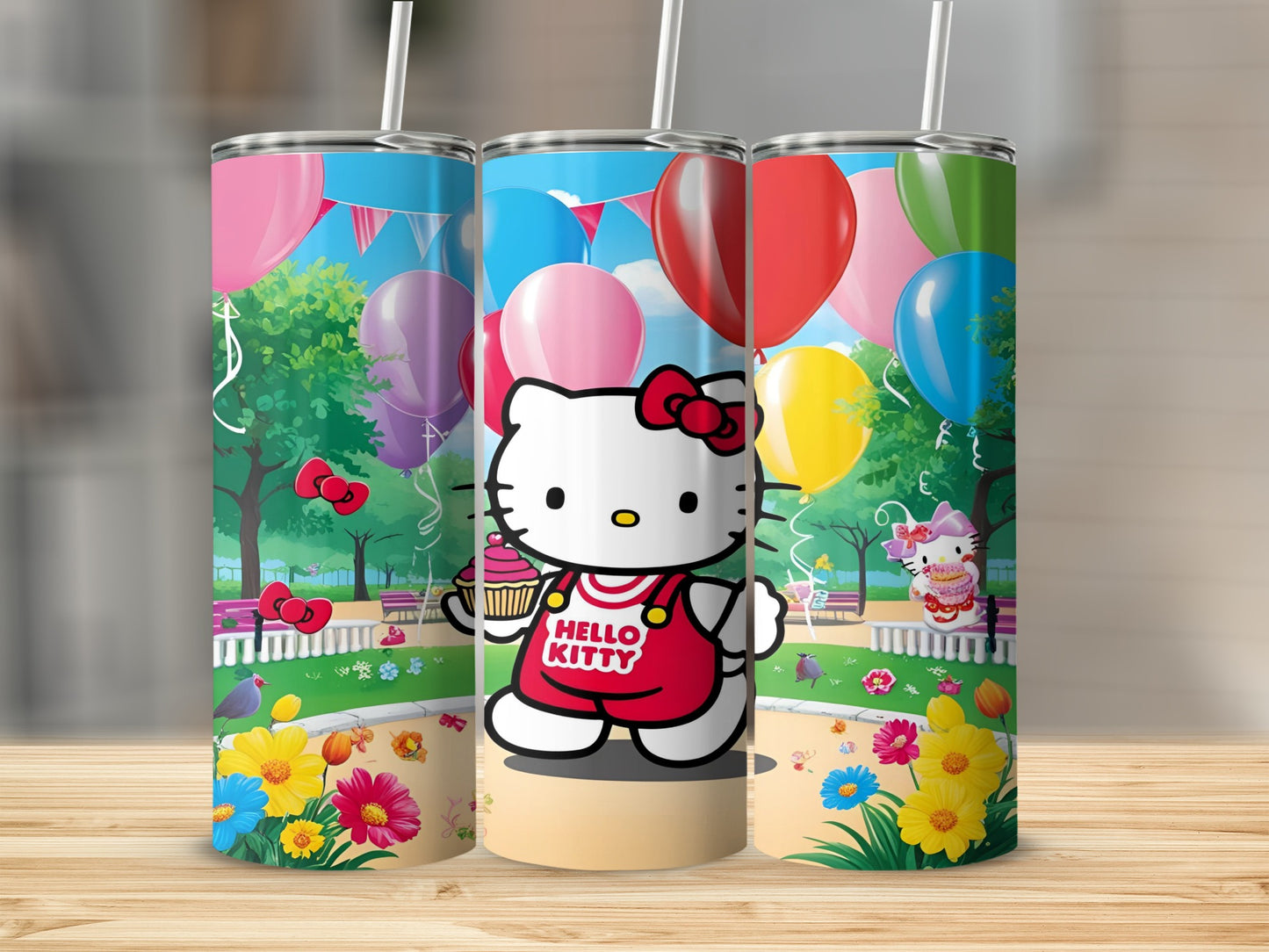 Hello Kitty in red overalls holding a cupcake, with balloons and a park background.