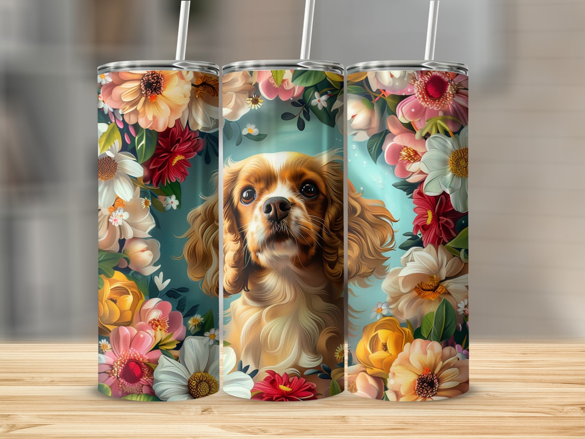 Triptych of tumblers featuring a Cavalier King Charles Spaniel surrounded by floral designs.