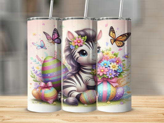 Zebra with Easter eggs and butterflies on a tumbler.