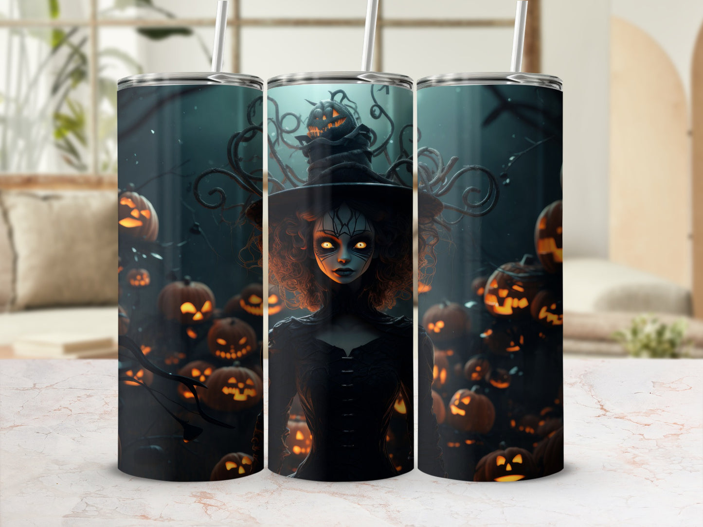 Halloween tumbler with witch and jack-o'-lantern design