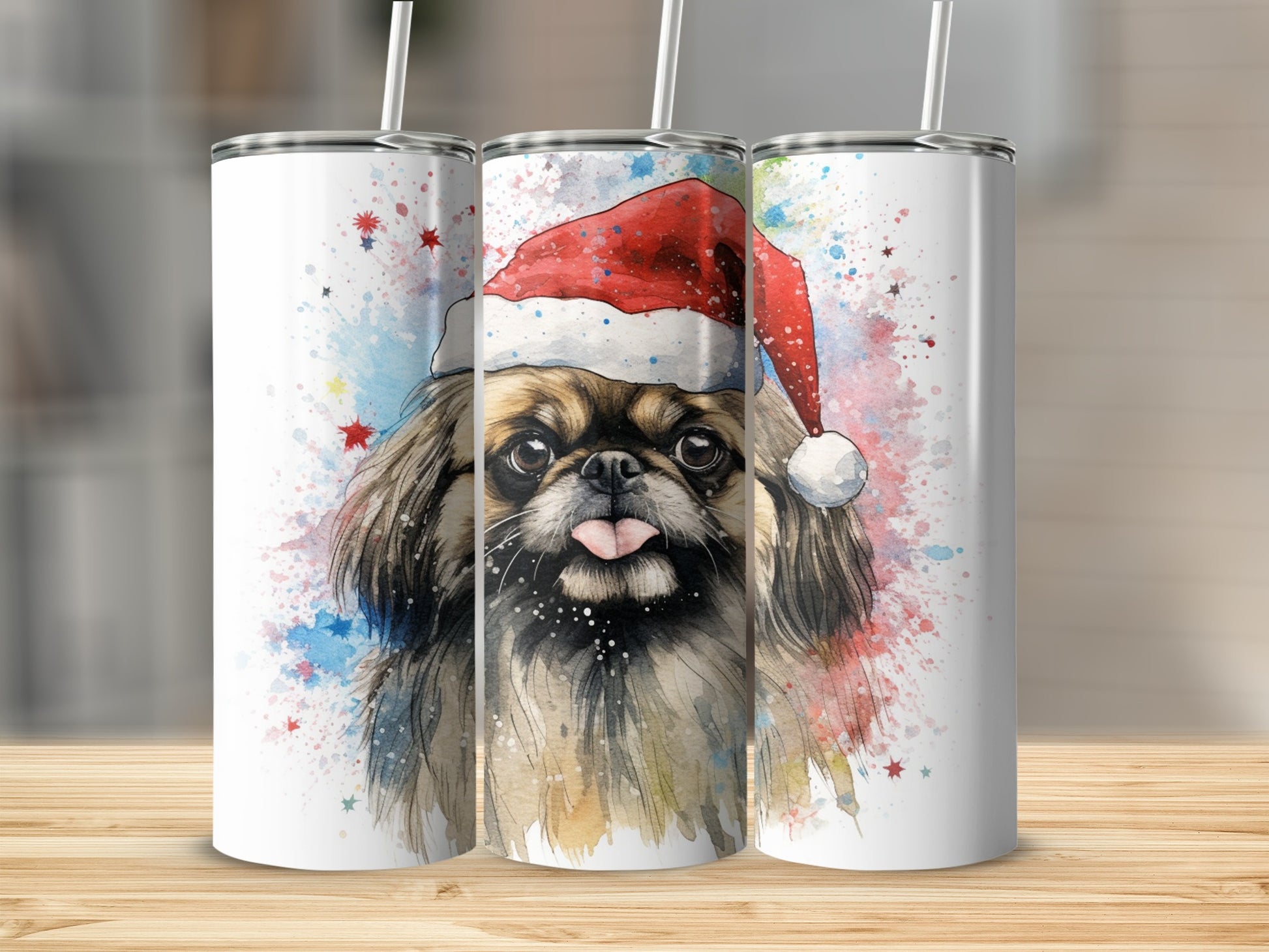 Pekingese dog wearing a Santa hat, tongue out, watercolor art on a tumbler.