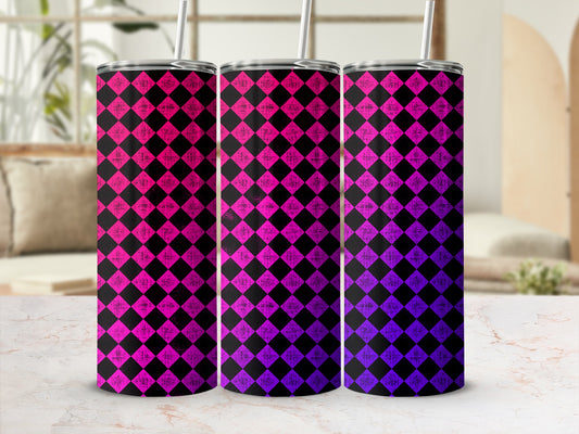 Three tumblers with a pink and purple checkered pattern.