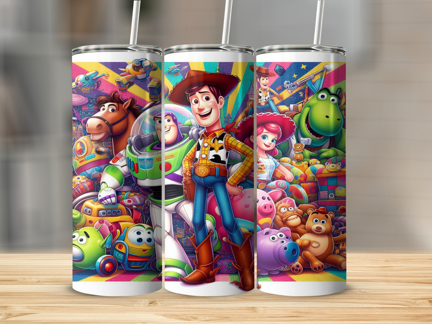 Woody, Buzz, Jessie, and friends from Toy Story in colorful illustration on three tumblers.
