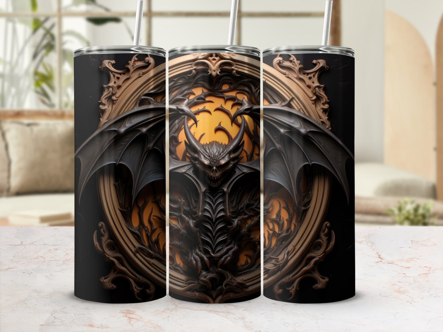 Three tumblers with a dark, intricate dragon design and ornate framing.