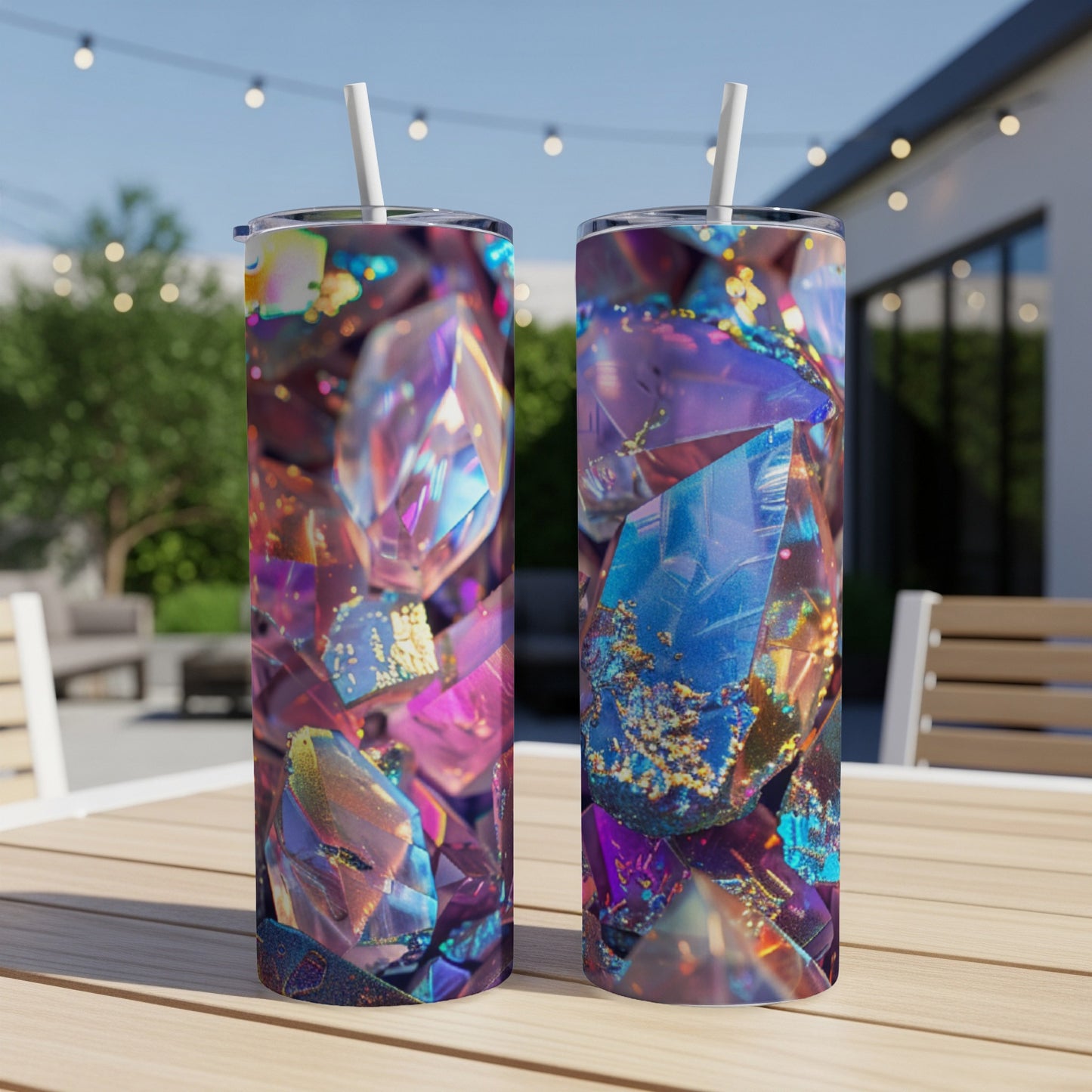 Two tumblers with colorful crystal patterns sit on a table outdoors.