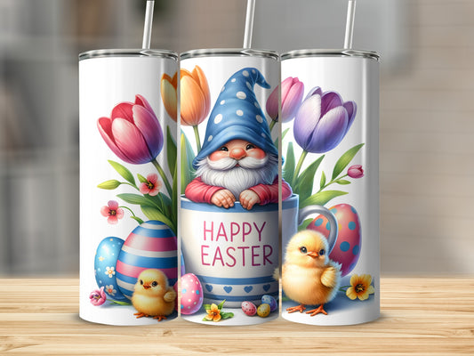 Easter gnome in blue hat holding mug with chicks and decorated eggs.