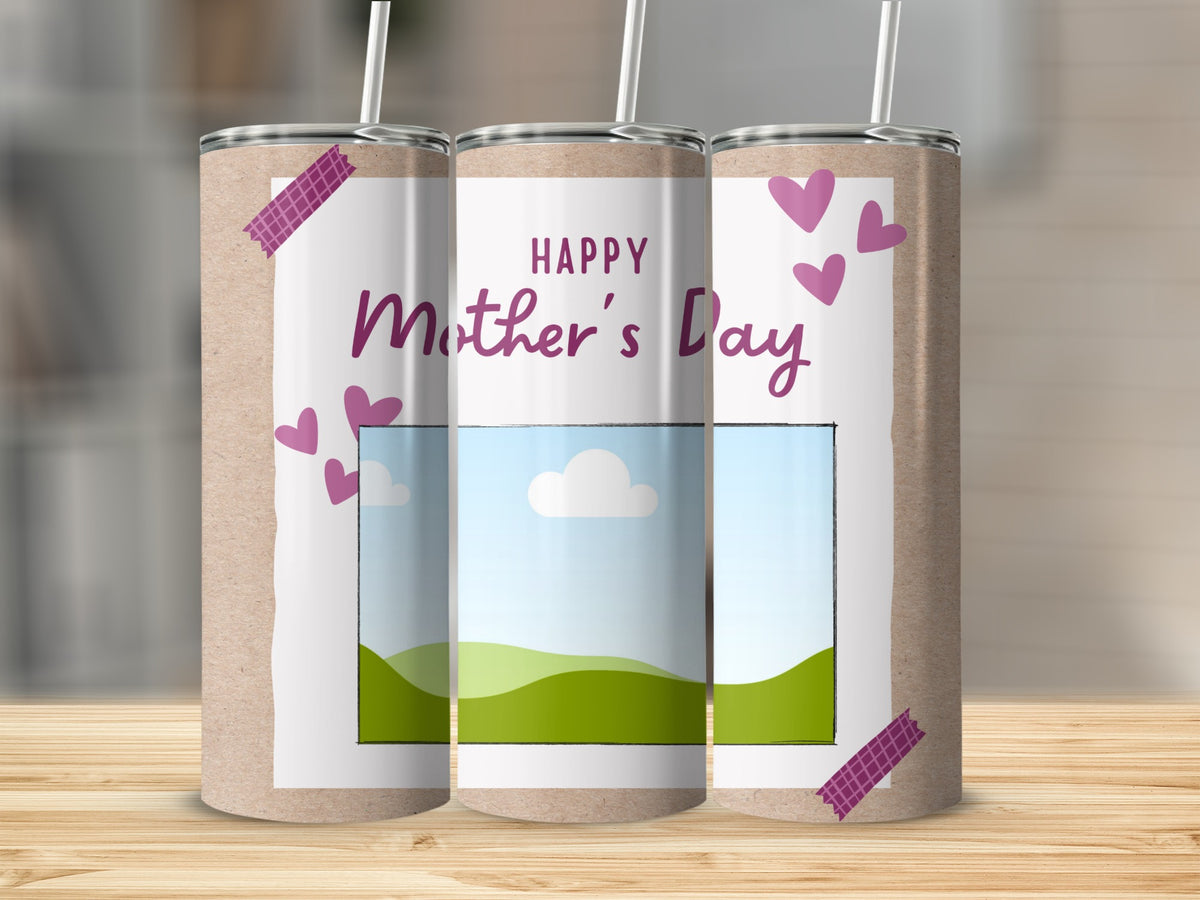 Three tumblers with "Happy Mother's Day" and pink hearts design.