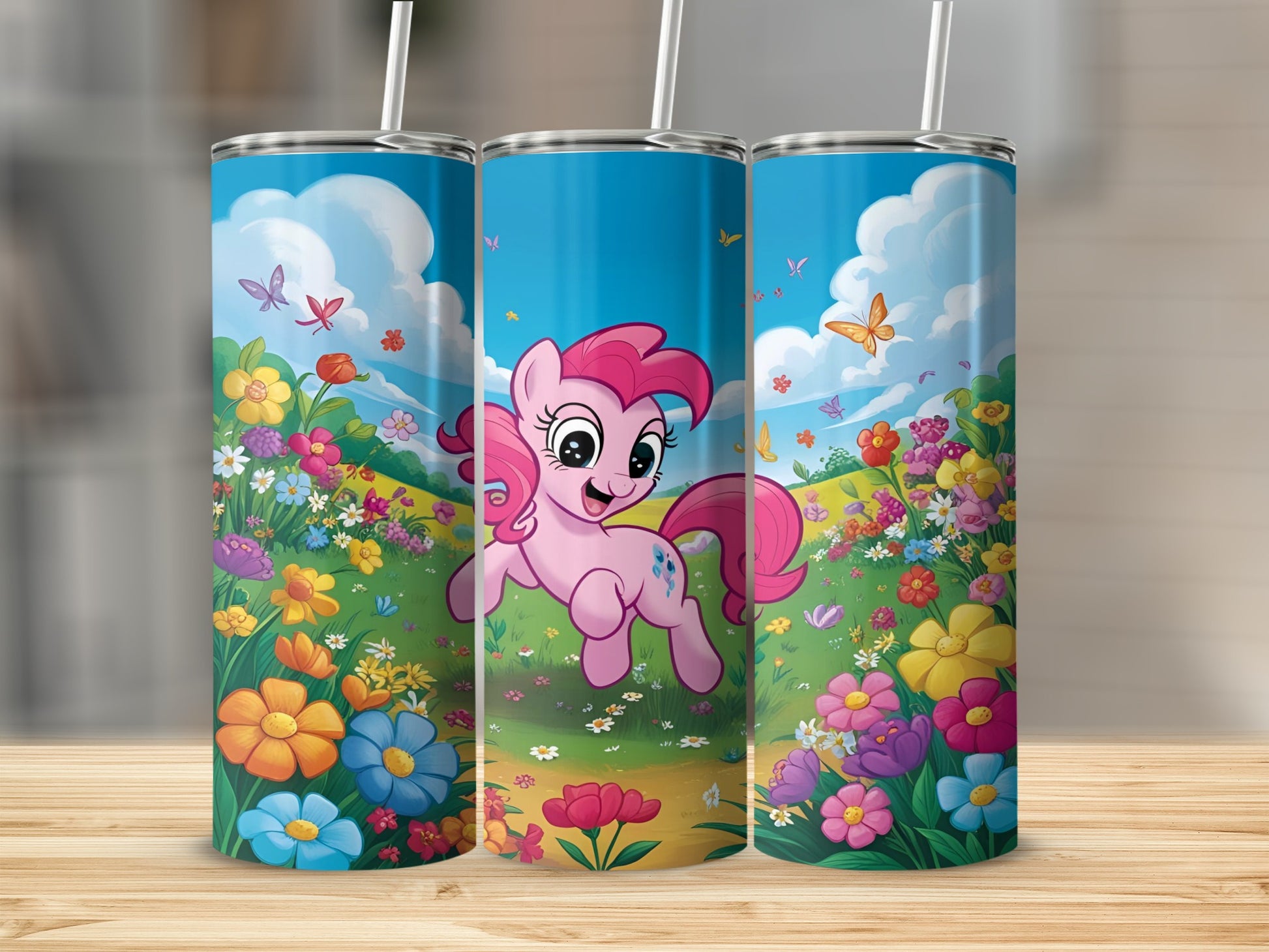 Pinkie Pie from My Little Pony running through a colorful flower field.