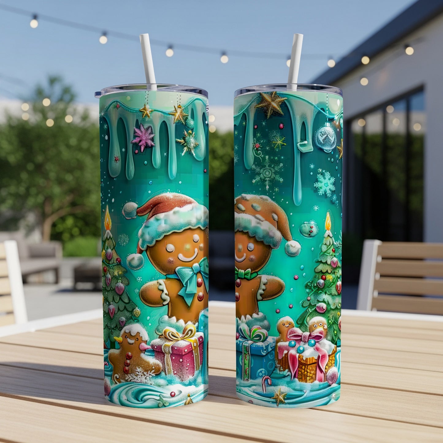 Two gingerbread cookies wearing Santa hats and scarves, surrounded by festive Christmas decorations.