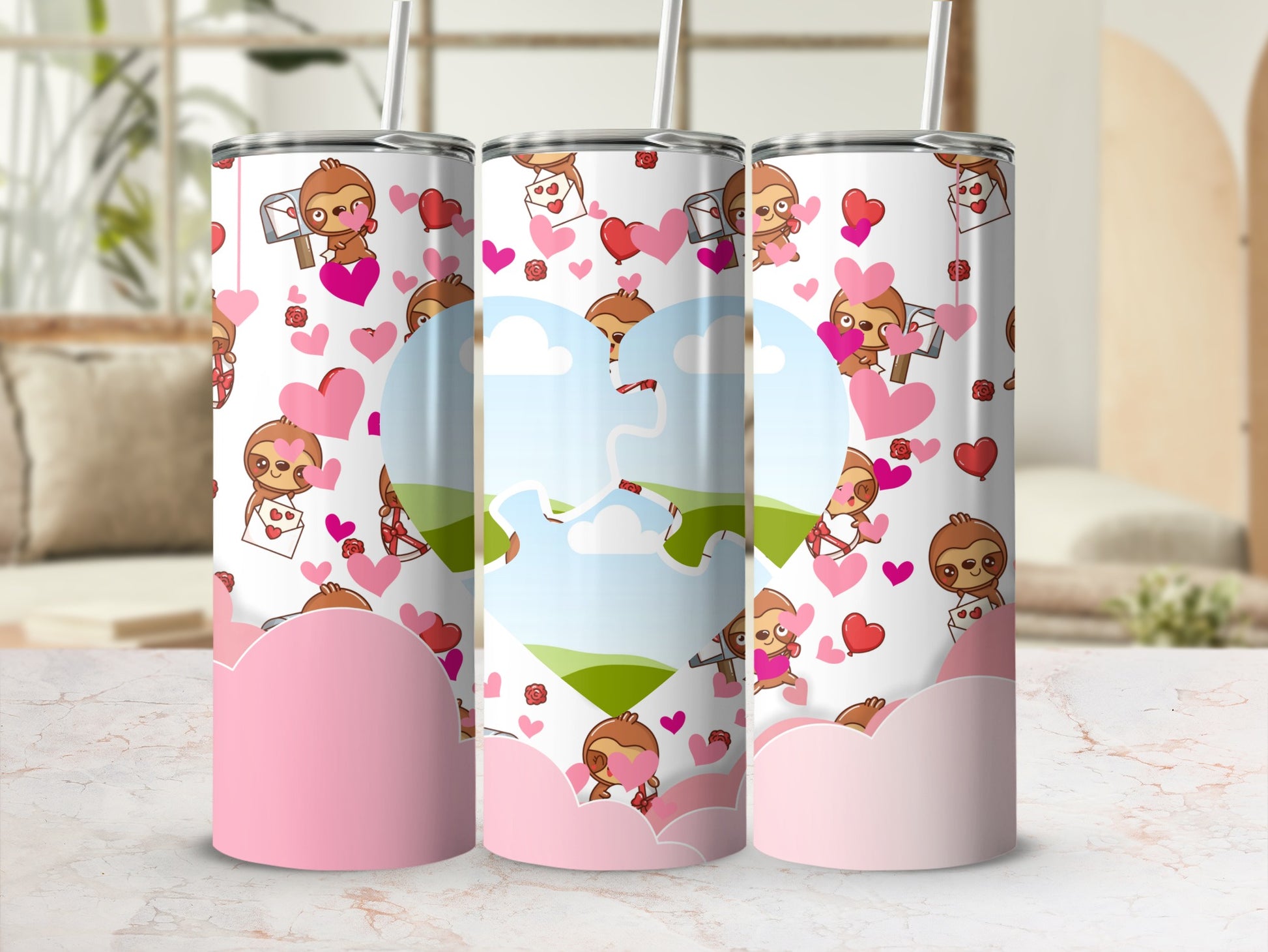 Three tumblers with a Valentine's Day sloth and heart pattern.