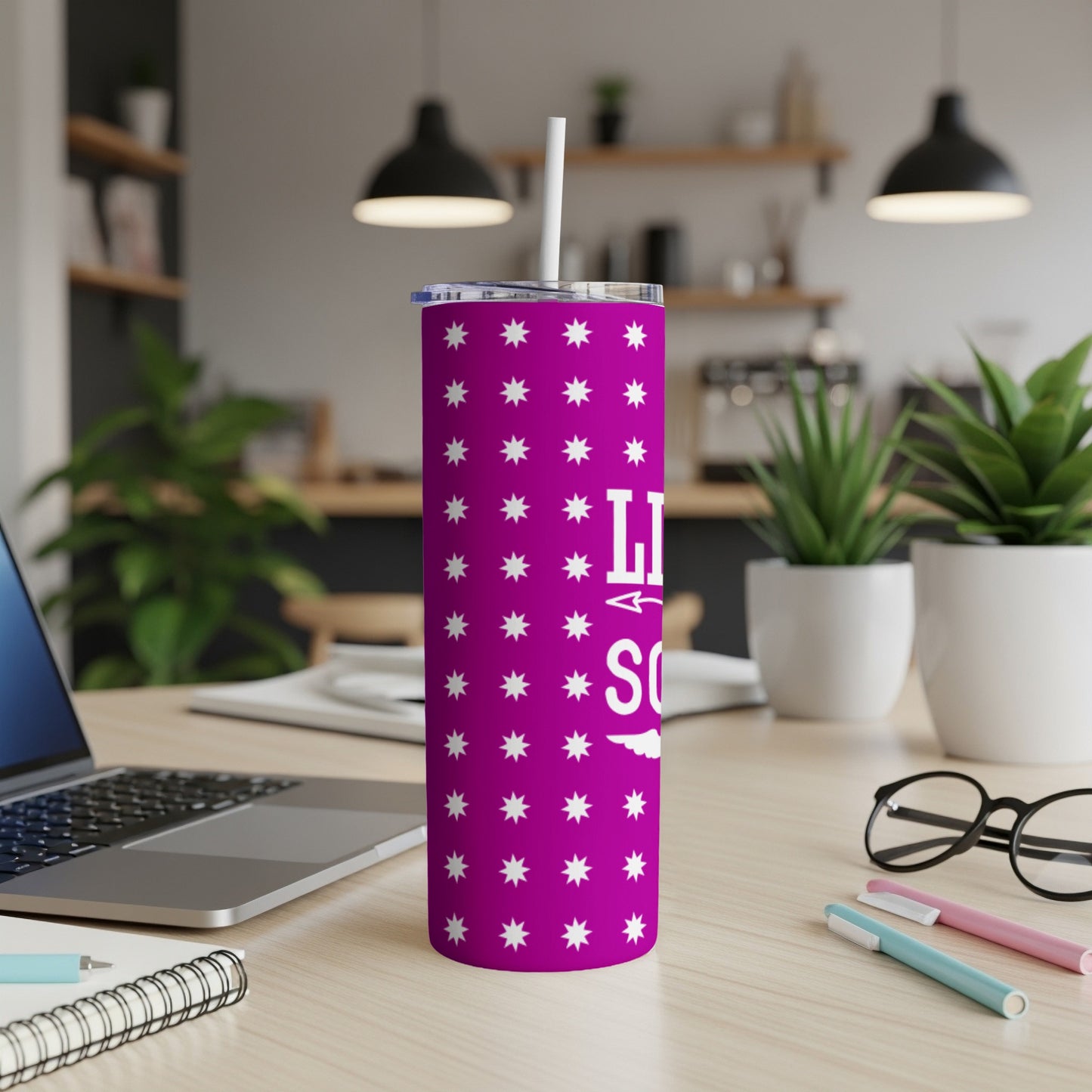Purple tumbler with white star pattern and "Life is So..." text.