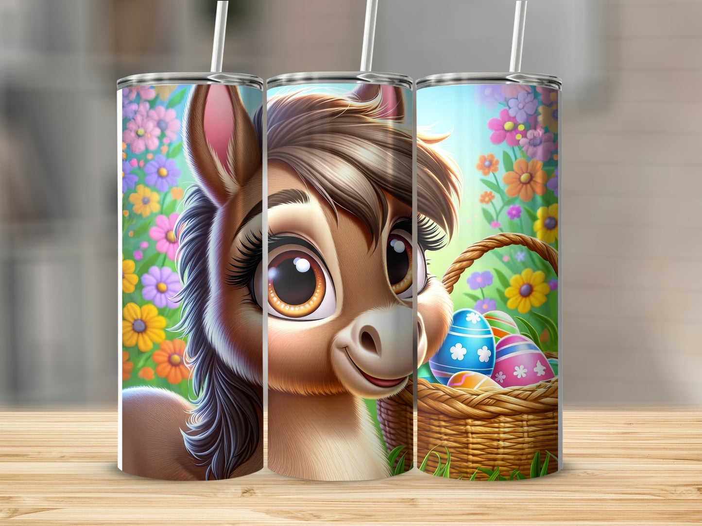 Donkey with Easter eggs in basket on a floral background.