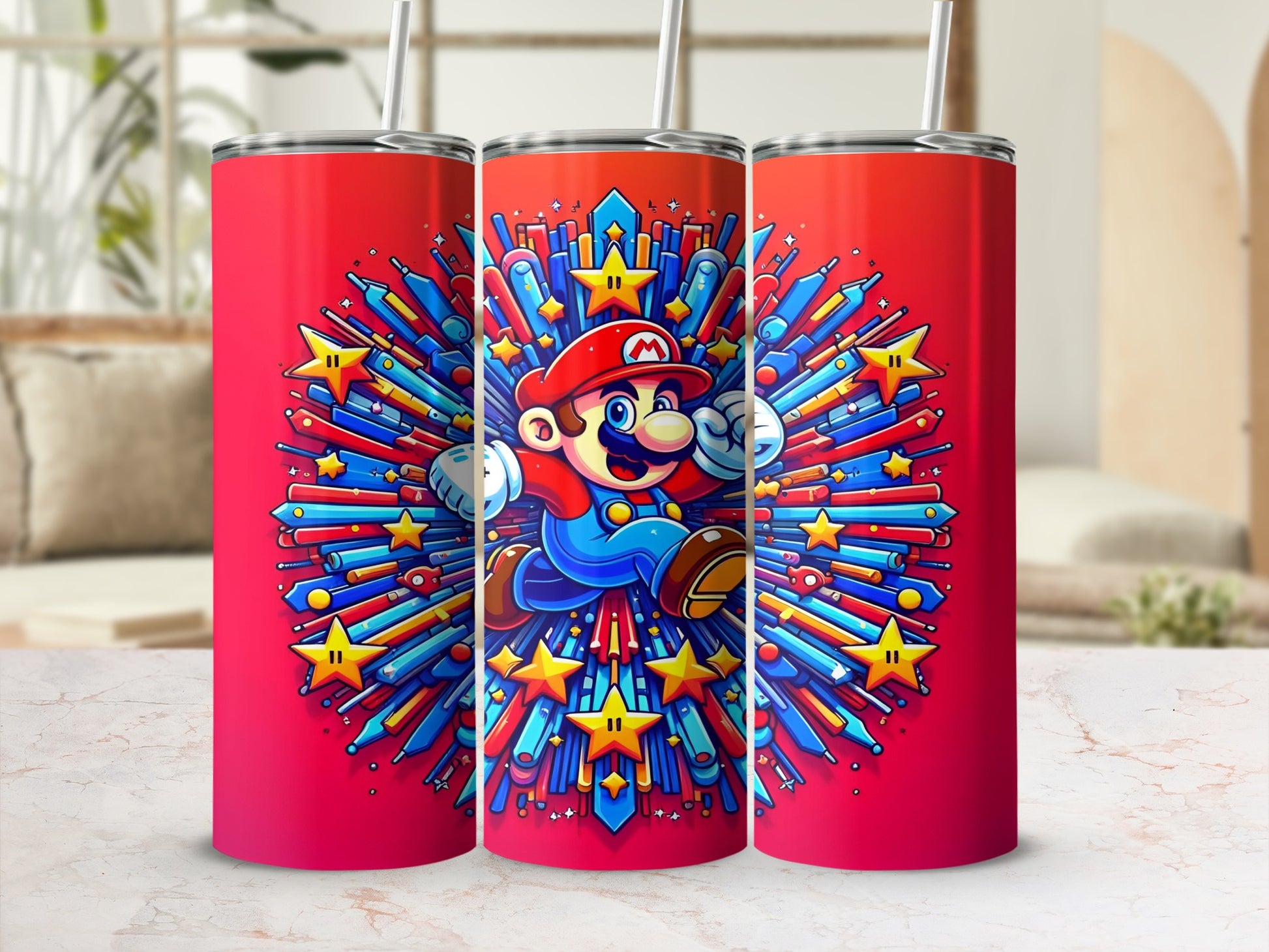 Mario character in a vibrant, starburst-shaped design on red tumblers.