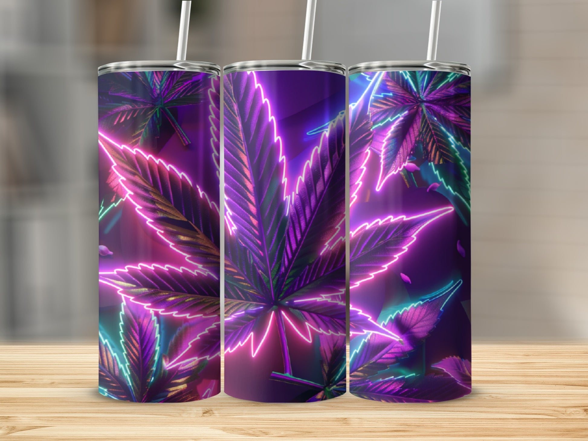 Purple cannabis leaf design on a tumbler with neon glow.