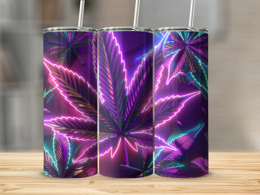 Purple cannabis leaf design on a tumbler with neon glow.