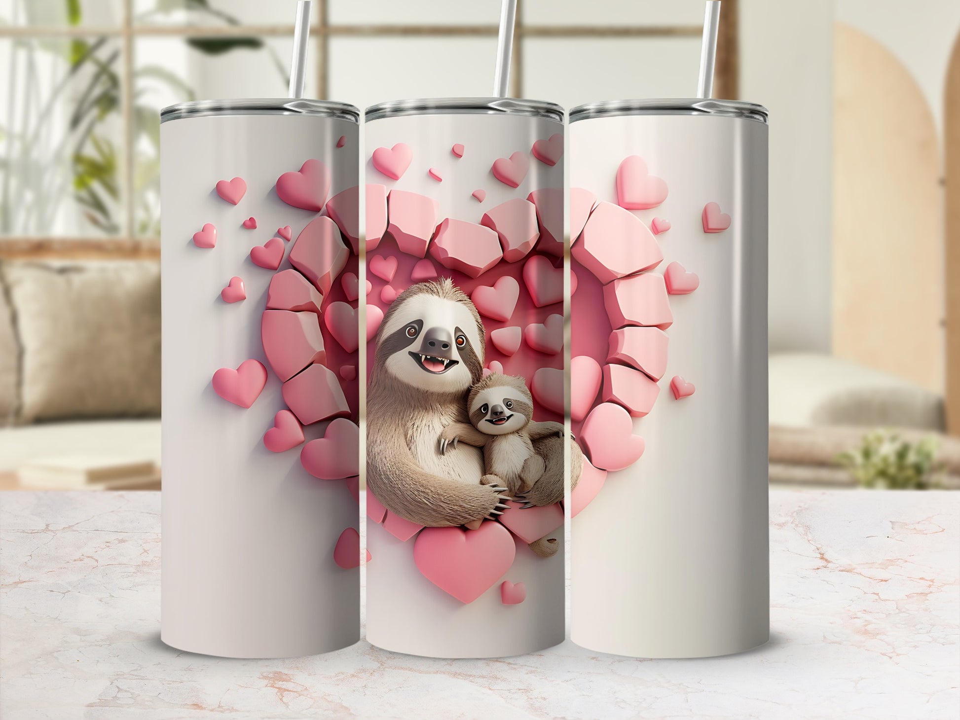 Three tumblers with sloths and heart design.