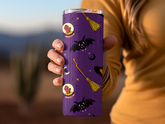 Purple Halloween Theme Tumbler with Bats and Broomsticks