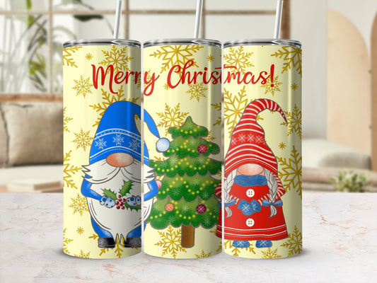 Three Santa gnomes with snowflakes and Merry Christmas text.