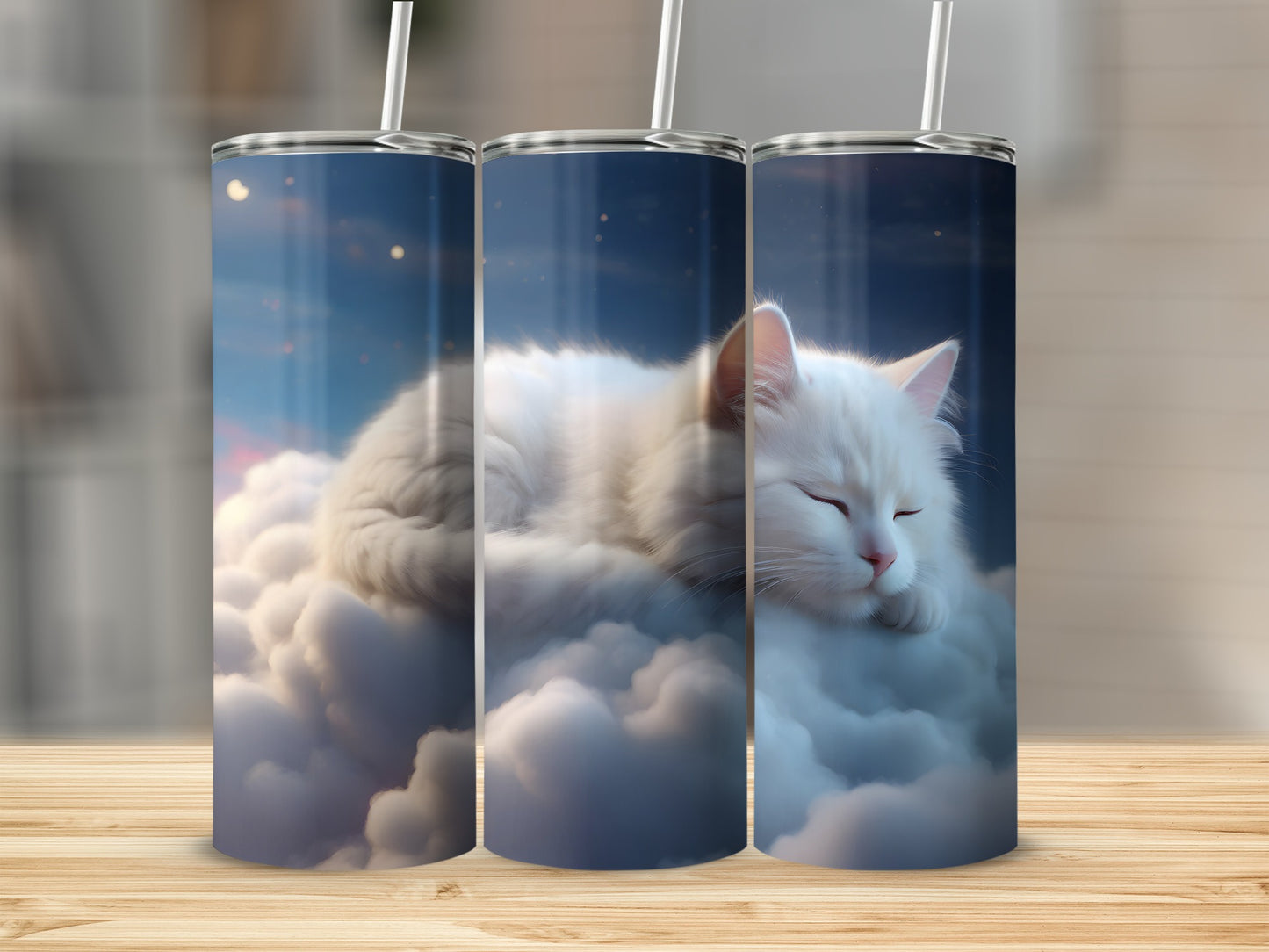 White cat sleeping on clouds, digital art design on three tumblers.